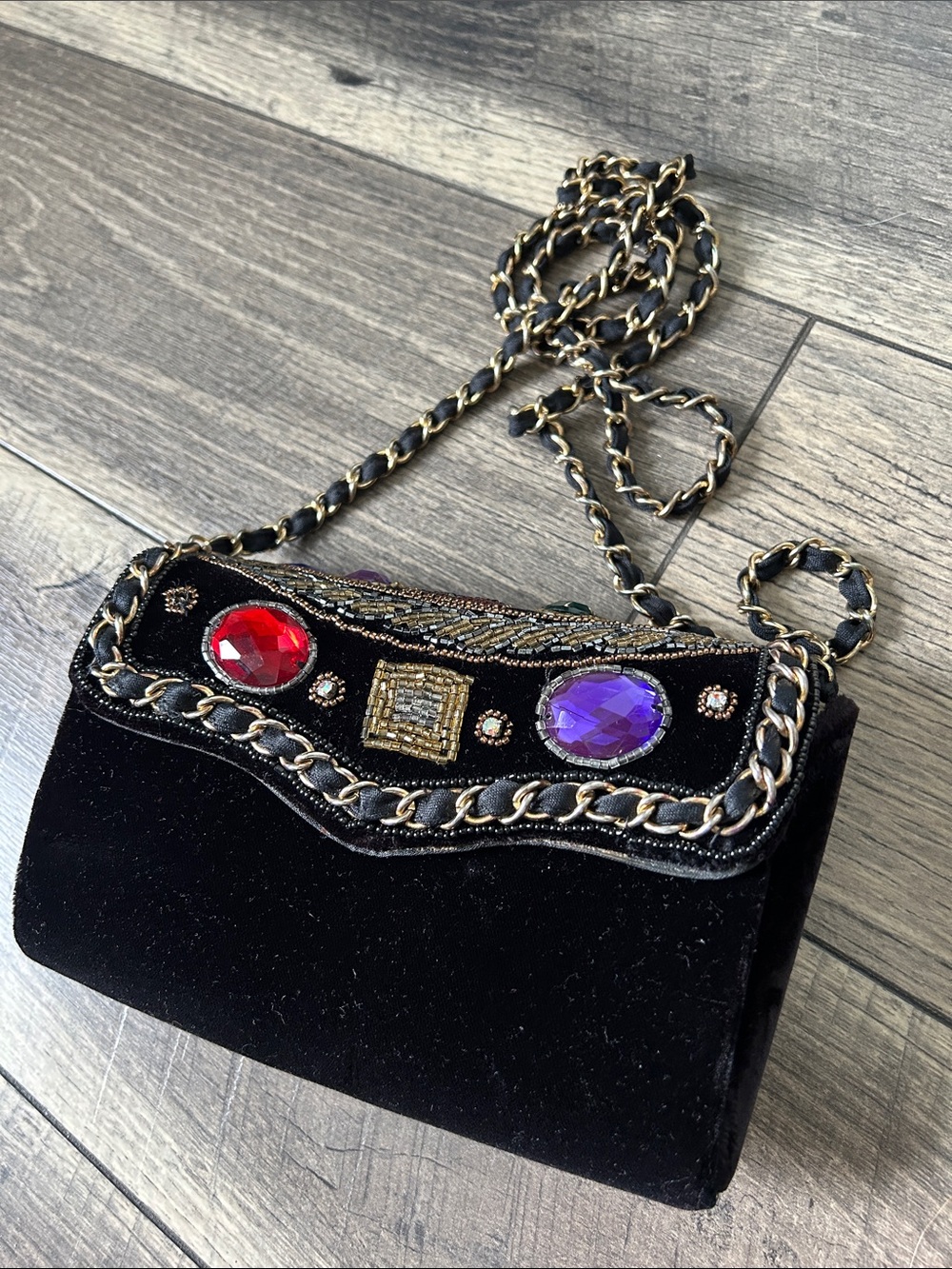 Magid Black Velvet Crossbody with Red & Purple Gem Accents